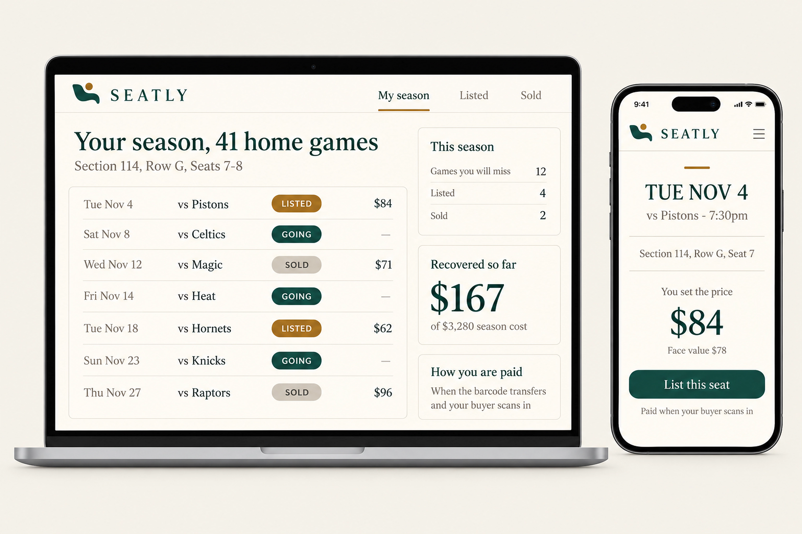 A Seatly season page on a laptop listing home games as going, listed or sold, and a single seat being listed on a phone